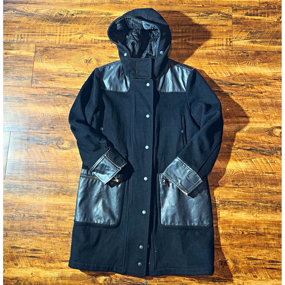 rag & bone Women's Black Hooded Mid-Length virgin Wool Snap Pockets Size M